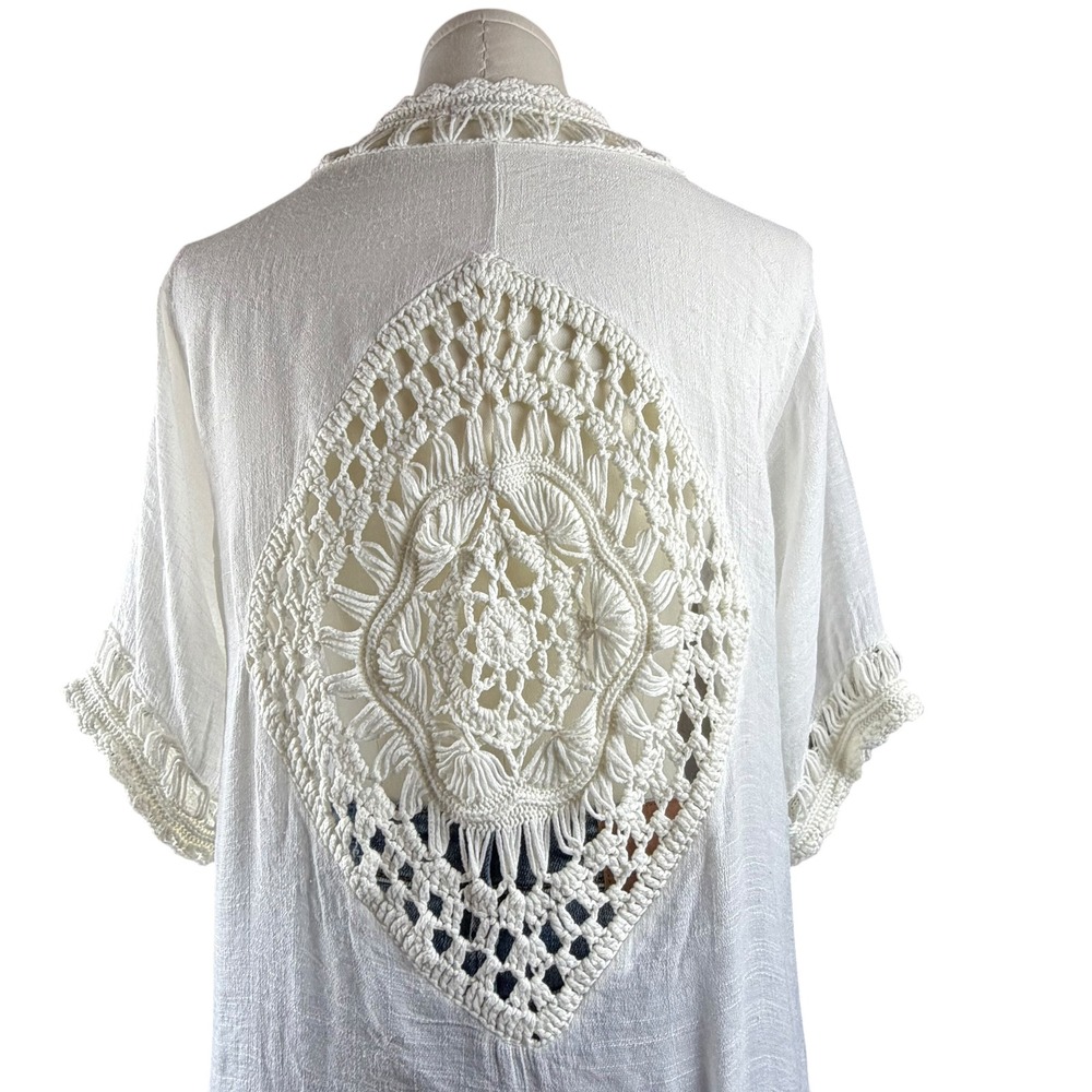 Vivid Crochet Back Fringe Kimono Cardigan White M Boho Festival Beach Coverup